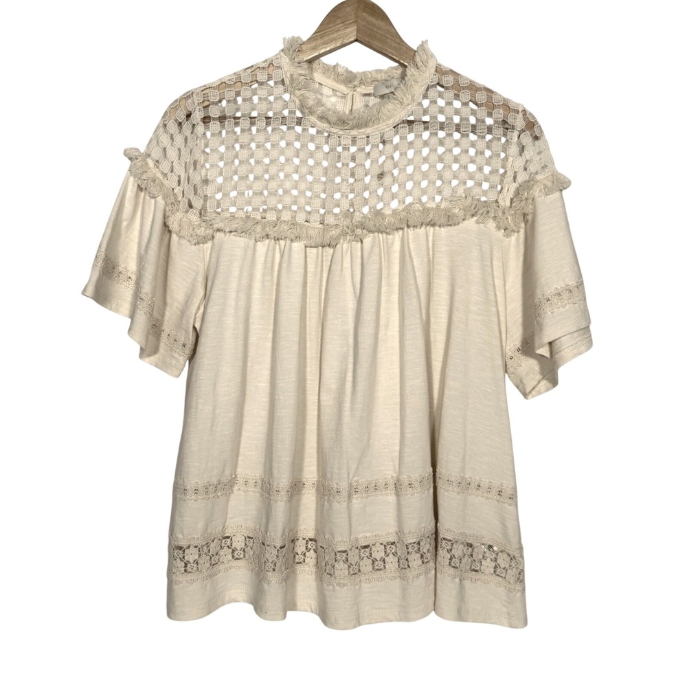 Eri + Ali Cream Crochet Lace Fringe Boho Blouse‎ Large Anthropologie D13137
